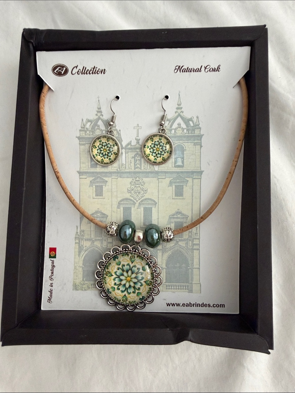 Tea Collection Green and Cream Floral Pendant Necklace with Matching Earrings